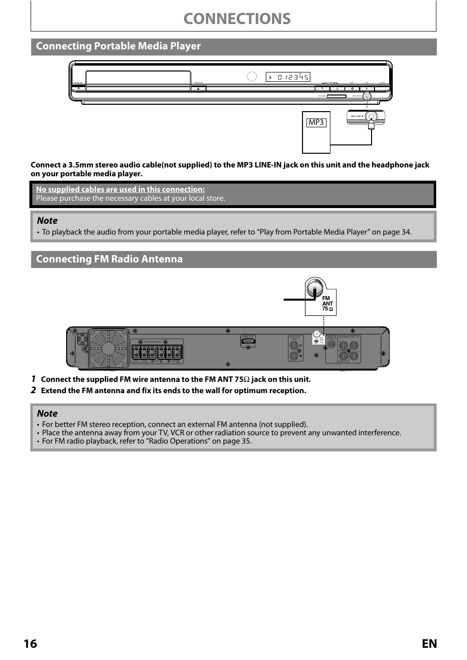 Connecting portable media player, Connecting fm radio antenna, Connections | 16 en | Philips Magnavox MRD410B/F7 User Manual | Page 16 / 52