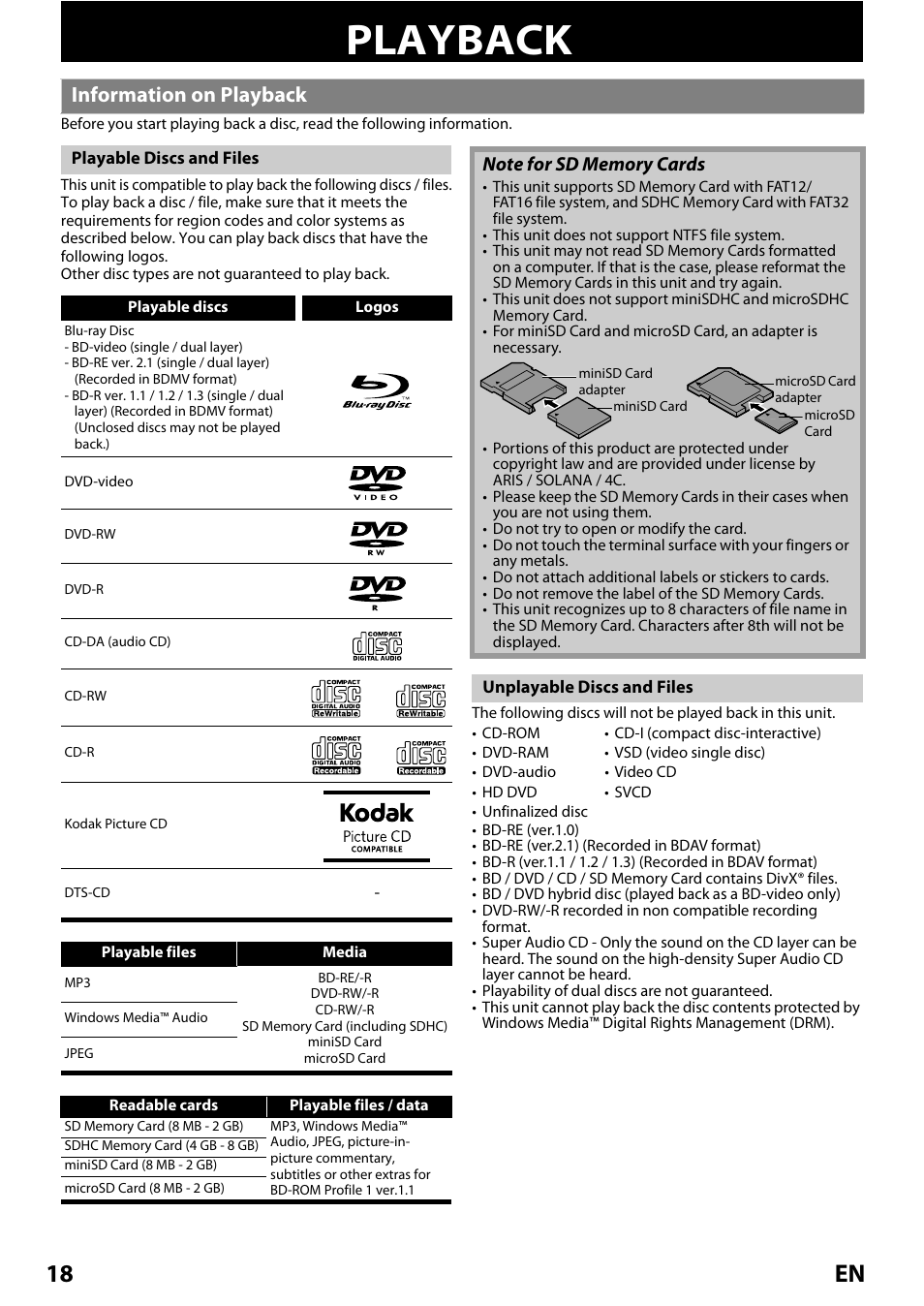 Playback, Information on playback, 18 en | Philips Magnavox MRD410B/F7 User Manual | Page 18 / 52