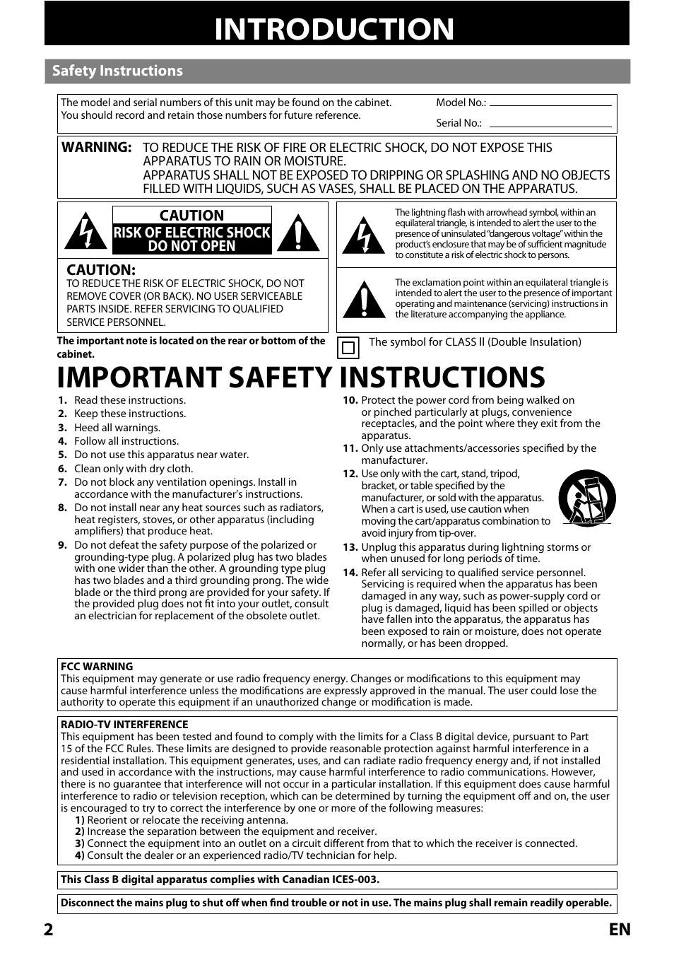 Introduction, Safety instructions, Important safety instructions | Caution, Caution risk of electric shock do not open | Philips Magnavox MRD410B/F7 User Manual | Page 2 / 52