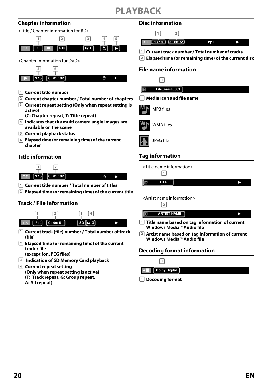 Playback, 20 en, Chapter information | Tag information decoding format information | Philips Magnavox MRD410B/F7 User Manual | Page 20 / 52