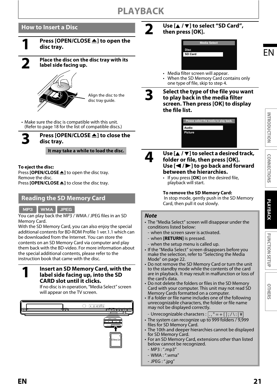 How to insert a disc, Reading the sd memory card, How to insert a disc reading the sd memory card | Playback en, 21 en | Philips Magnavox MRD410B/F7 User Manual | Page 21 / 52
