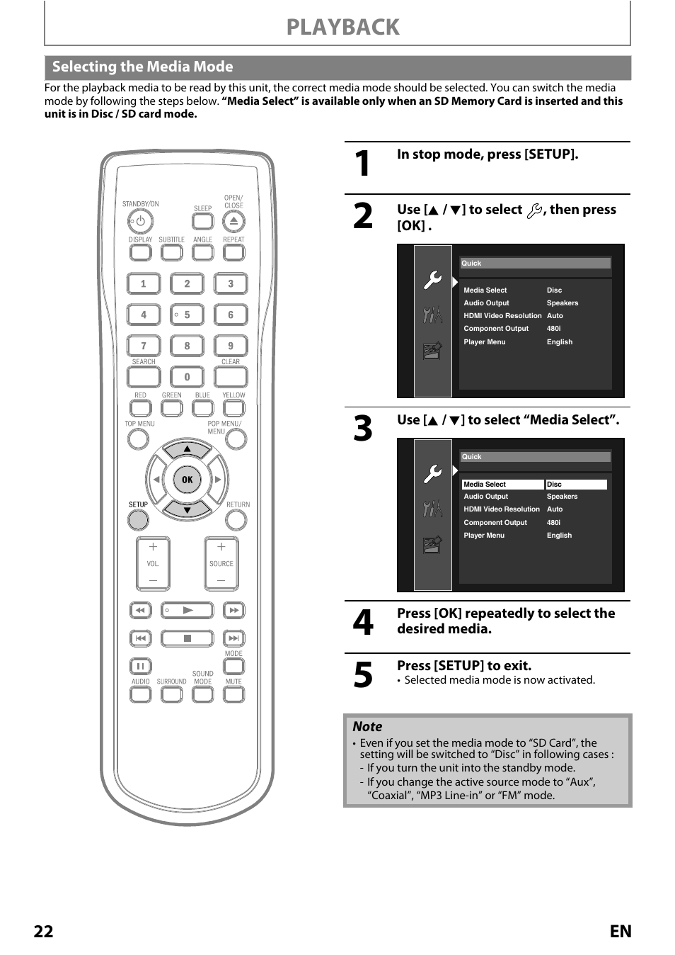 Selecting the media mode, Playback, 22 en | Philips Magnavox MRD410B/F7 User Manual | Page 22 / 52
