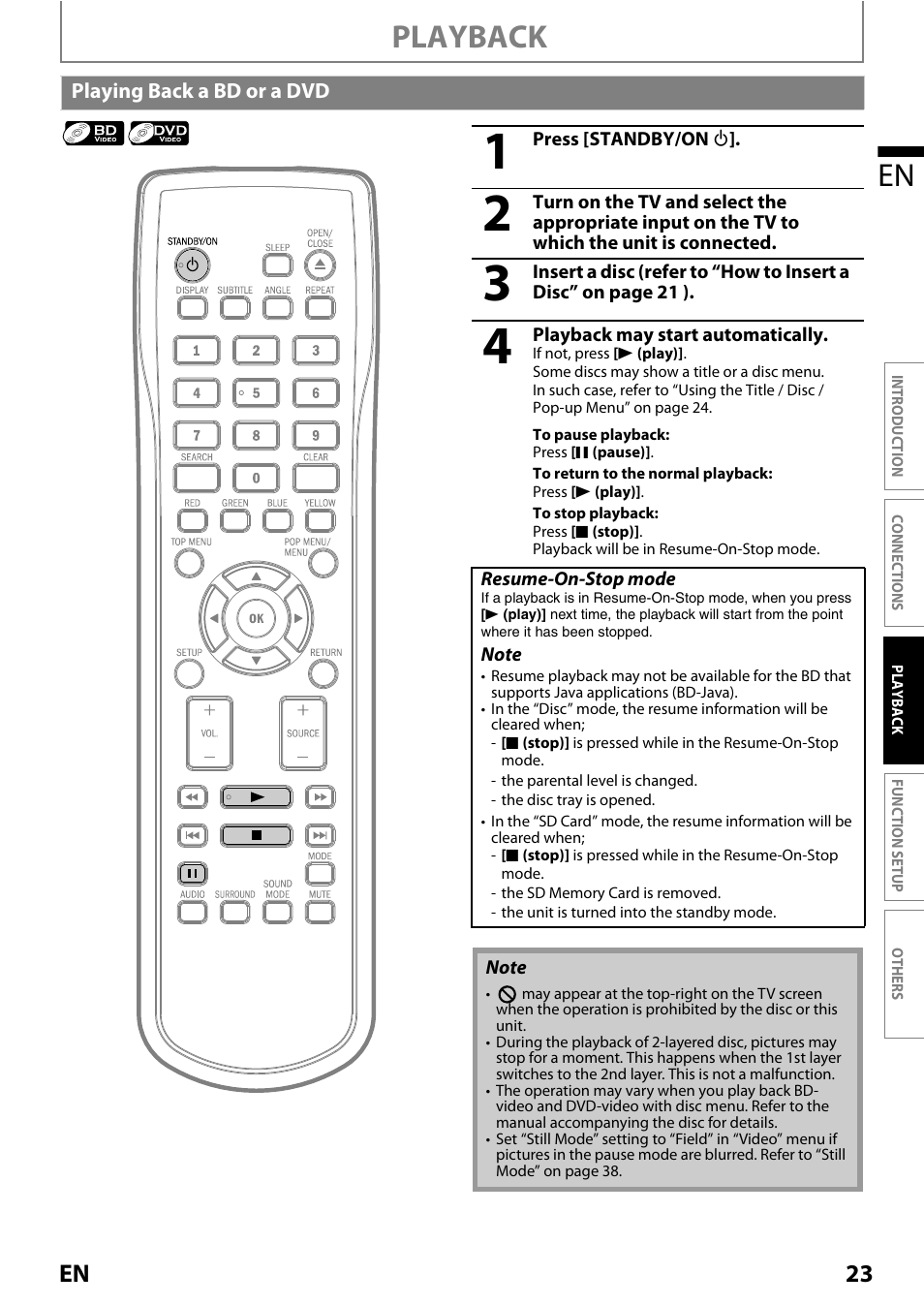 Playing back a bd or a dvd, Playback en, 23 en | Philips Magnavox MRD410B/F7 User Manual | Page 23 / 52