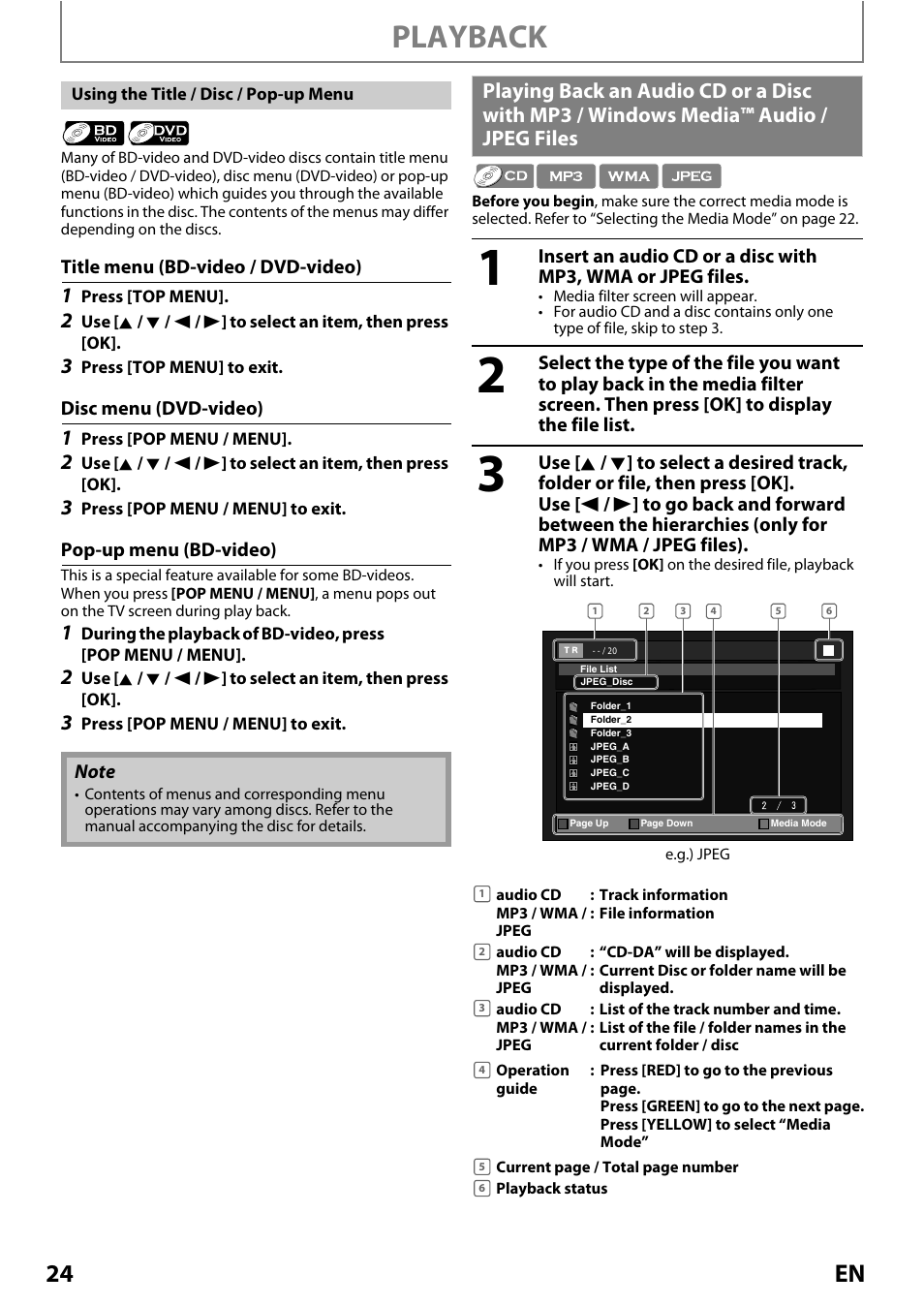 Playing back an audio cd or a disc with mp3, Windows media™ audio / jpeg files, Playback | 24 en | Philips Magnavox MRD410B/F7 User Manual | Page 24 / 52