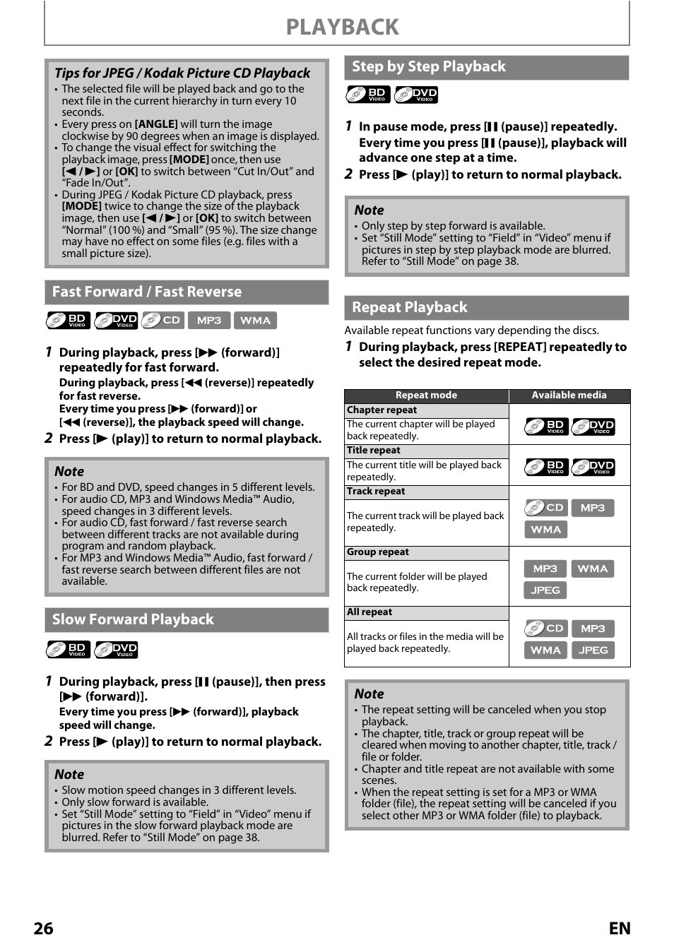 Fast forward / fast reverse, Slow forward playback, Step by step playback | Repeat playback, Playback, 26 en | Philips Magnavox MRD410B/F7 User Manual | Page 26 / 52