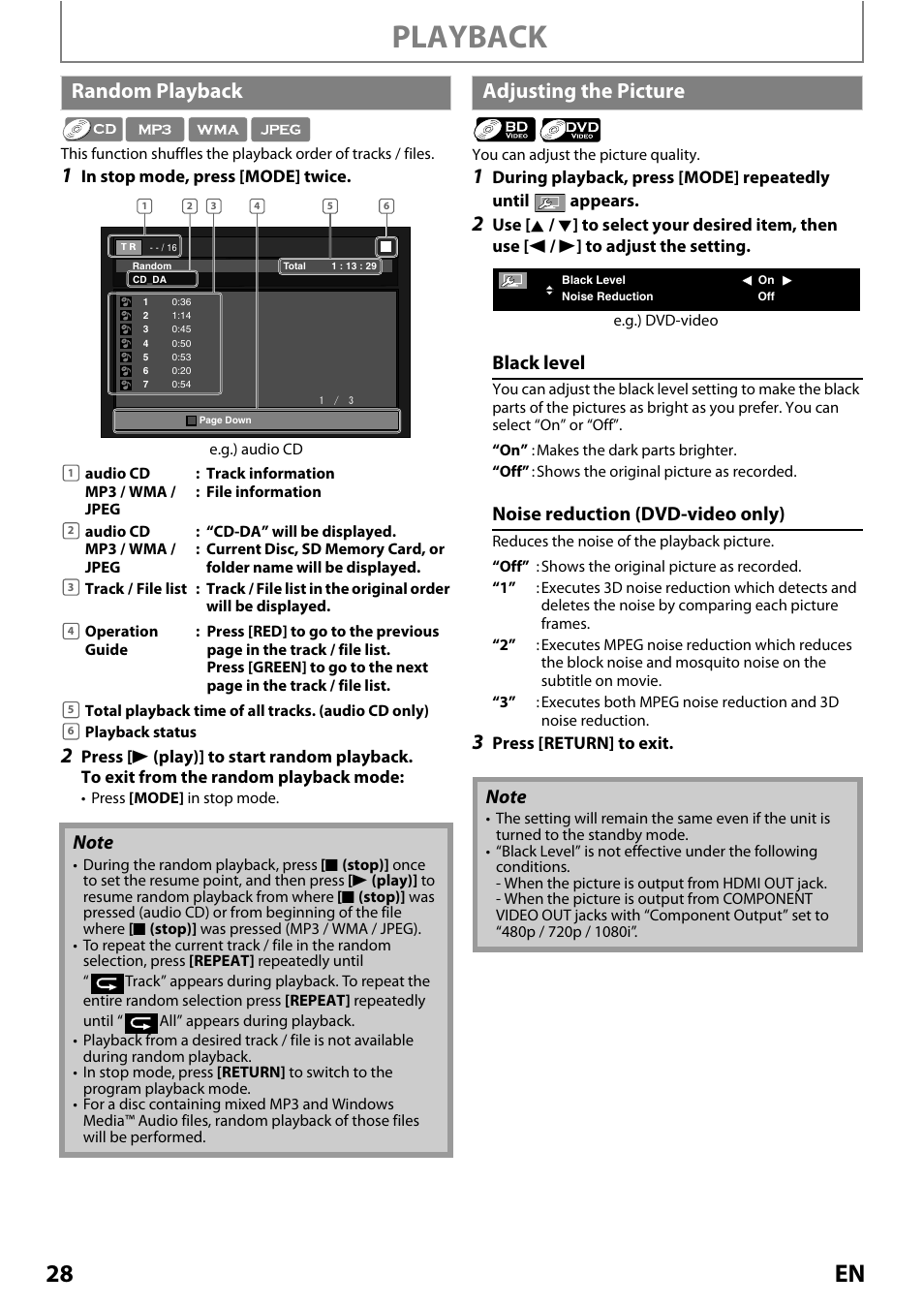 Random playback, Adjusting the picture, Random playback adjusting the picture | Playback, 28 en, Black level, Noise reduction (dvd-video only) | Philips Magnavox MRD410B/F7 User Manual | Page 28 / 52