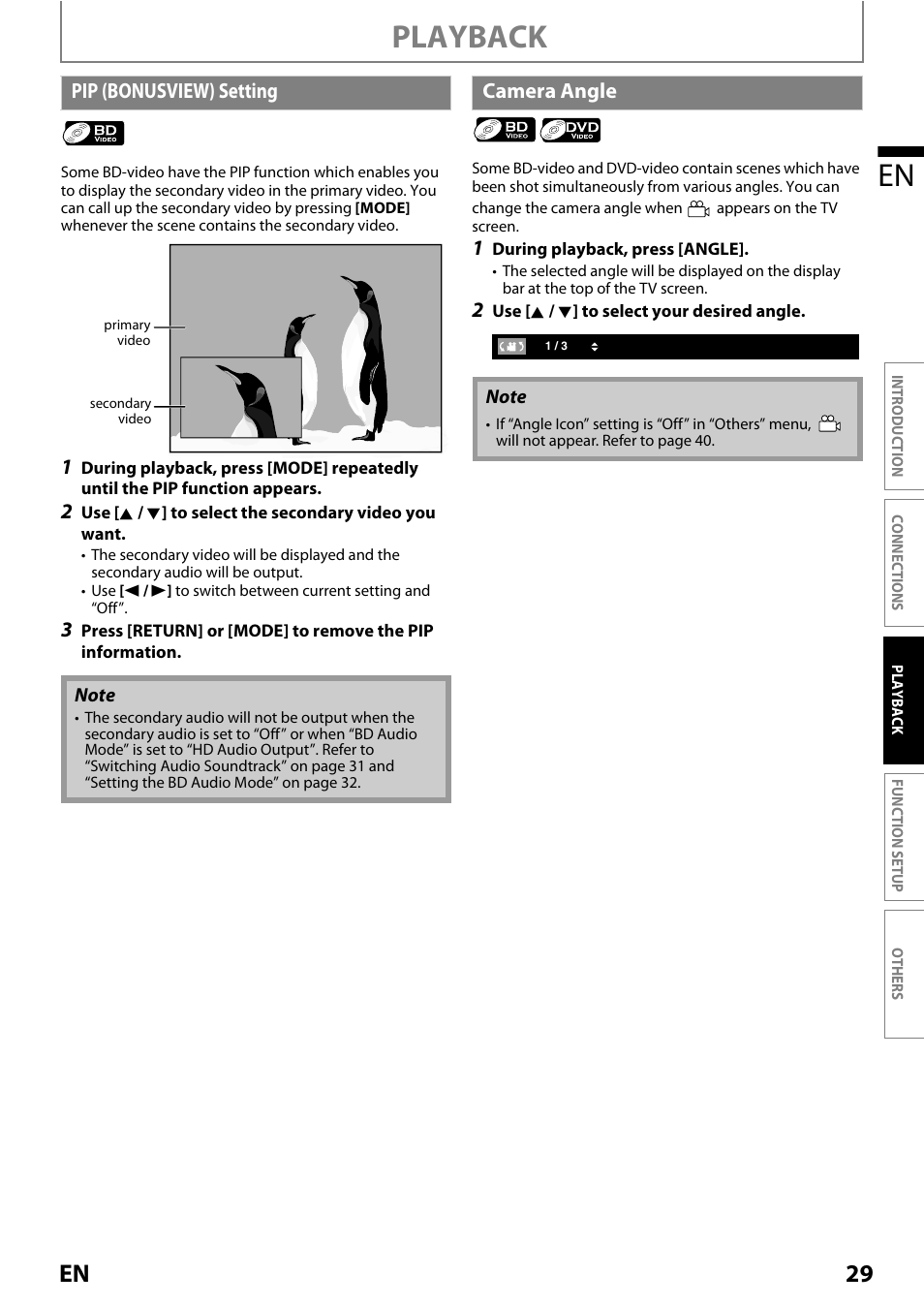 Pip (bonusview) setting, Camera angle, Pip (bonusview) setting camera angle | Playback en, 29 en, Pi p (bonusview) setting | Philips Magnavox MRD410B/F7 User Manual | Page 29 / 52