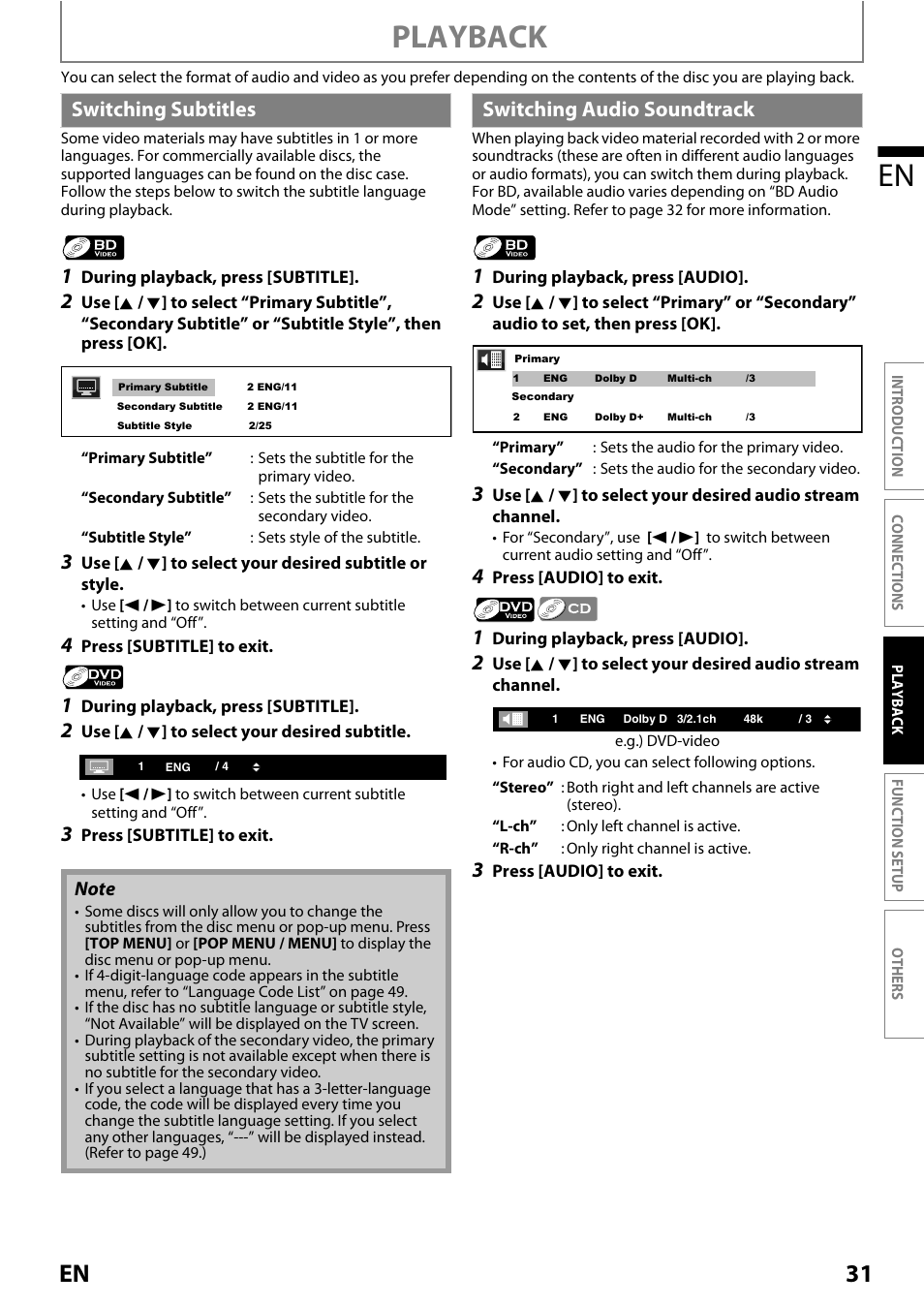 Switching subtitles, Switching audio soundtrack, Switching subtitles switching audio soundtrack | Playback en, 31 en | Philips Magnavox MRD410B/F7 User Manual | Page 31 / 52