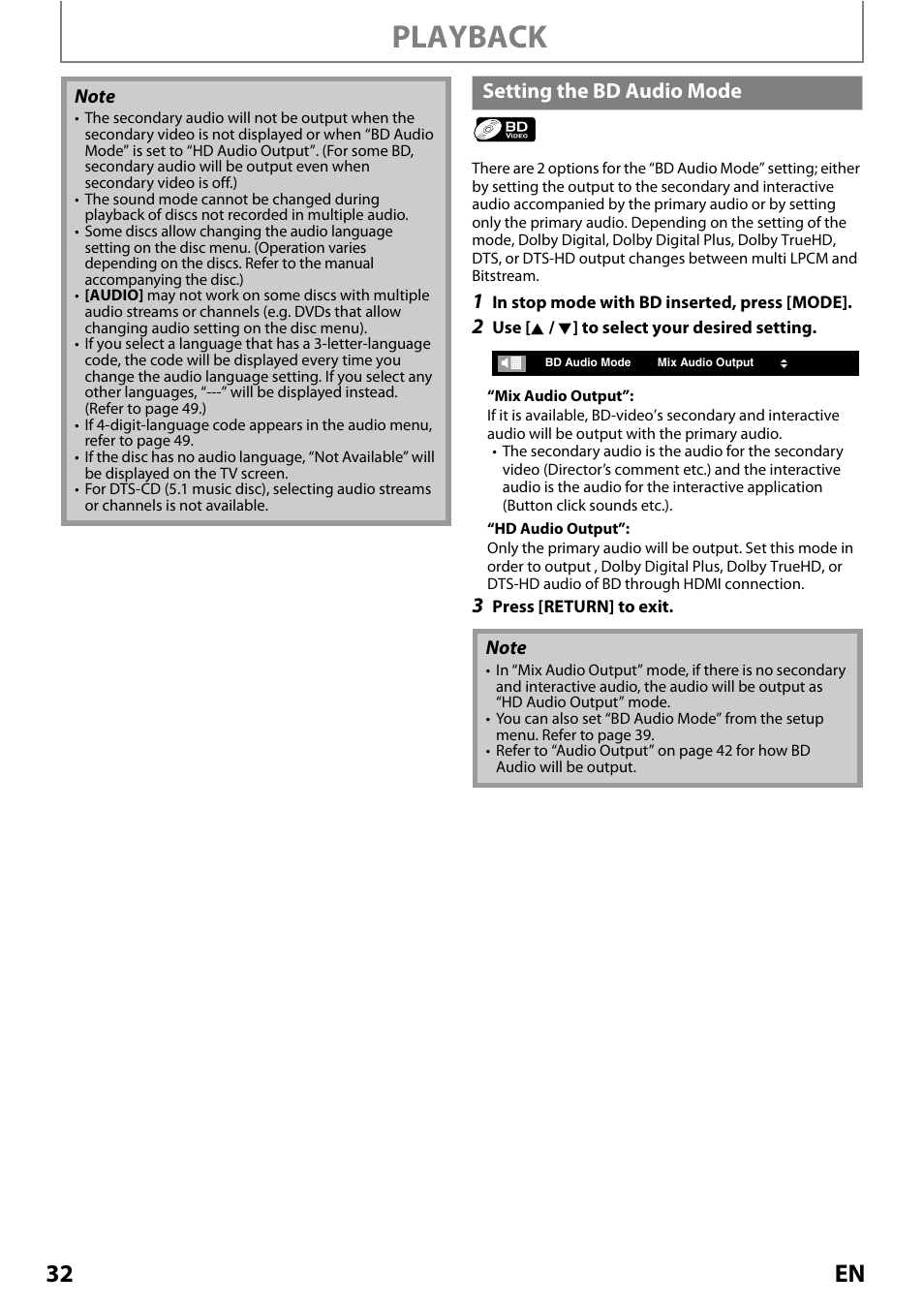 Setting the bd audio mode, Playback, 32 en | Philips Magnavox MRD410B/F7 User Manual | Page 32 / 52