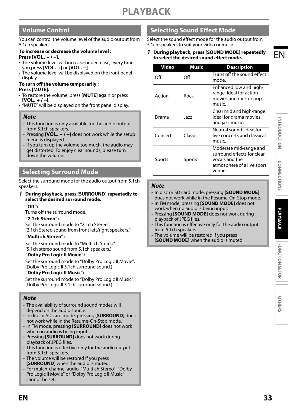 Volume control, Selecting surround mode, Selecting sound effect mode | Playback en, 33 en | Philips Magnavox MRD410B/F7 User Manual | Page 33 / 52