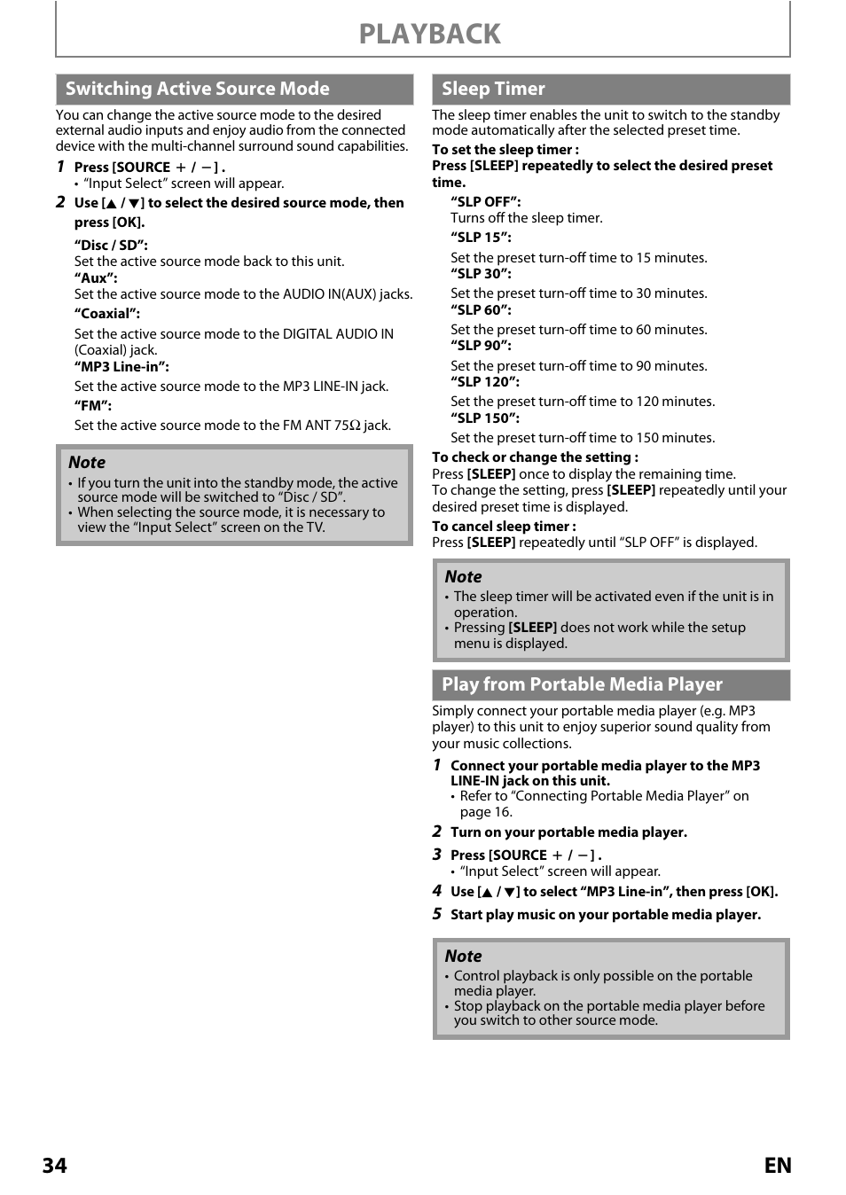 Switching active source mode, Sleep timer, Play from portable media player | Playback, 34 en | Philips Magnavox MRD410B/F7 User Manual | Page 34 / 52