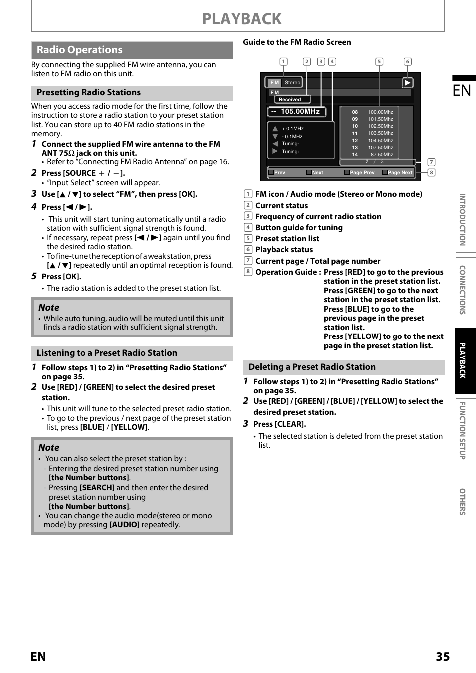 Radio operations, Playback en, 35 en | Philips Magnavox MRD410B/F7 User Manual | Page 35 / 52