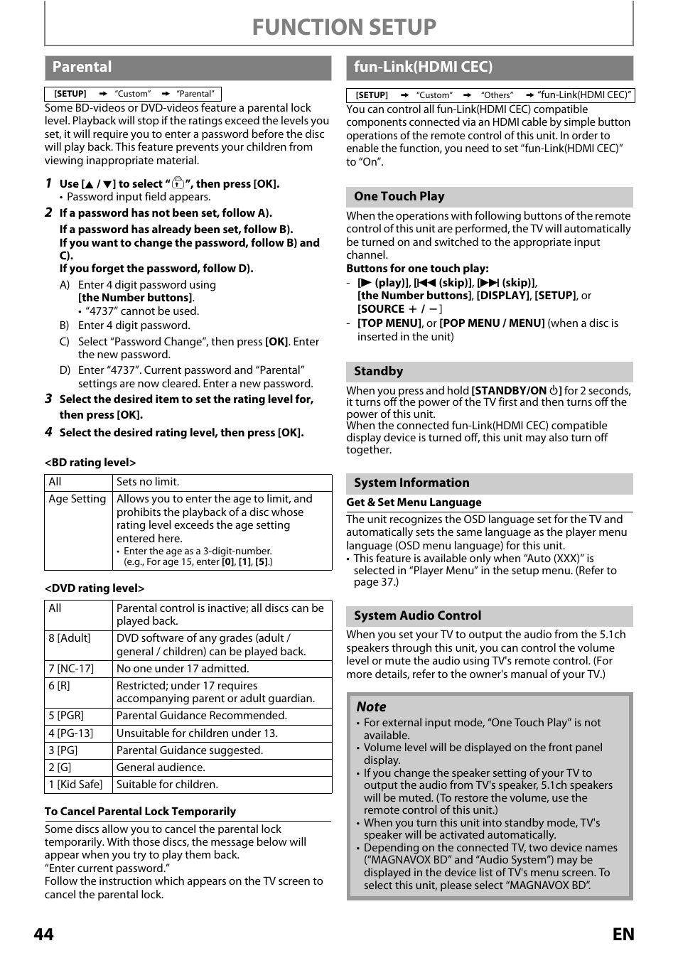 Parental, Fun-link(hdmi cec), Parental fun-link(hdmi cec) | Function setup, 44 en | Philips Magnavox MRD410B/F7 User Manual | Page 44 / 52