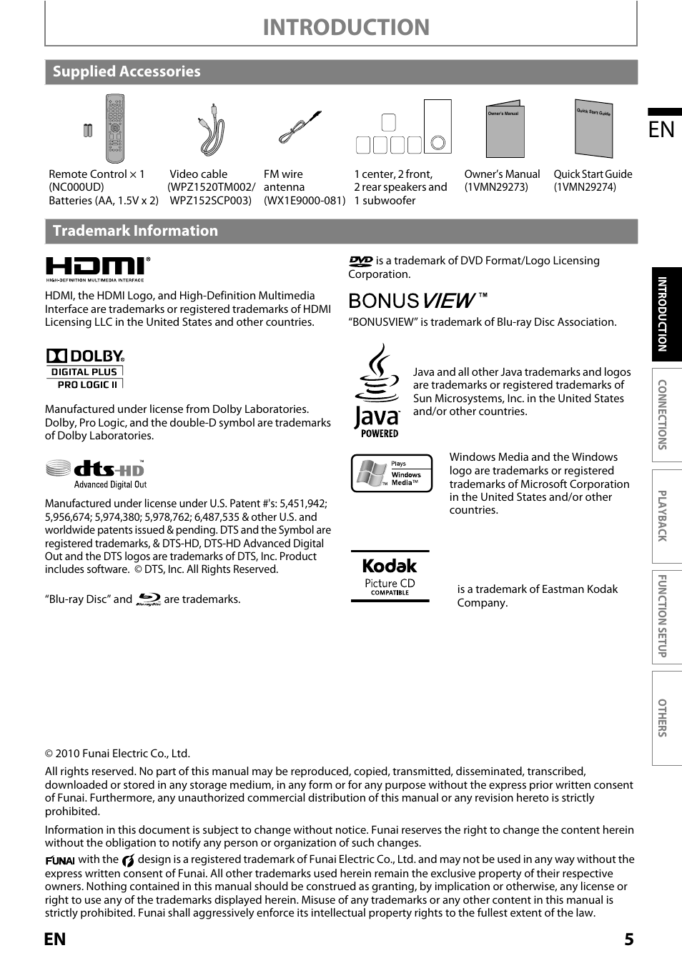Supplied accessories, Trademark information, Supplied accessories trademark information | Introduction en | Philips Magnavox MRD410B/F7 User Manual | Page 5 / 52