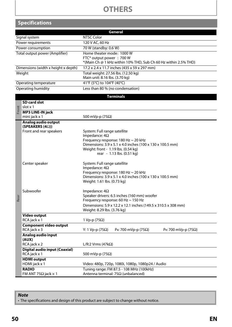Specifications, Others, 50 en | Philips Magnavox MRD410B/F7 User Manual | Page 50 / 52