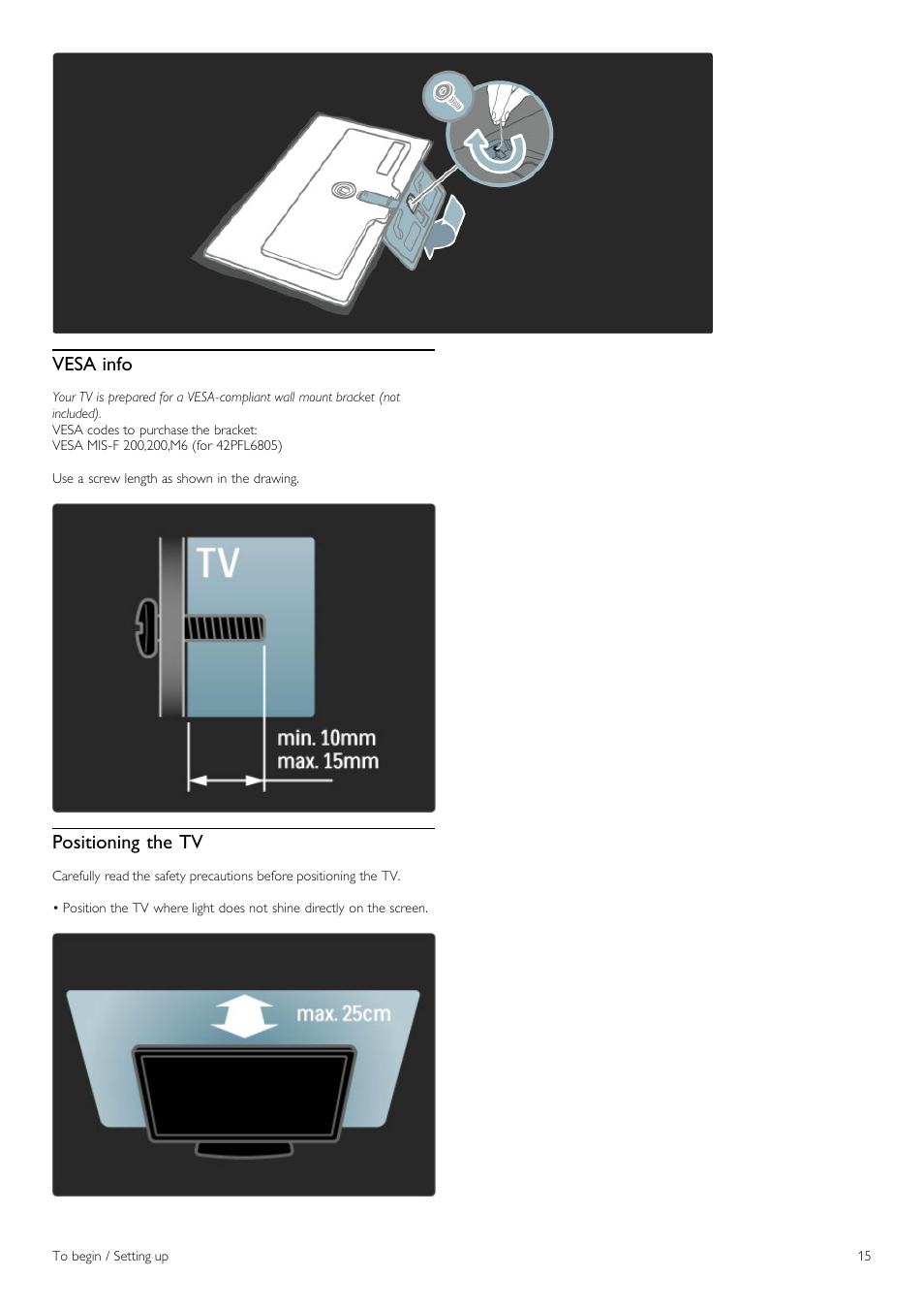 Vesa info, Positioning the tv | Philips 42PFL6805H User Manual | Page 15 / 78