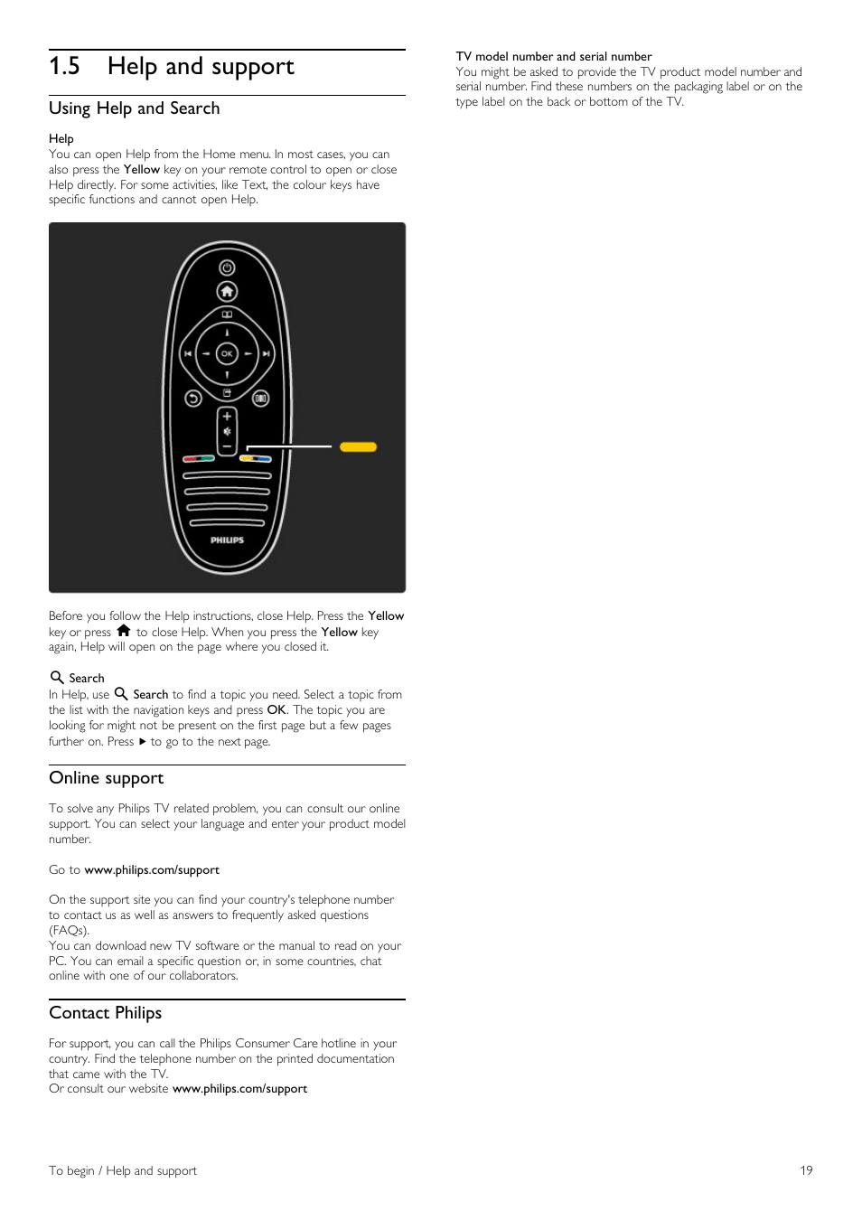 Help and support, 5 help and support, Using help and search | Online support, Contact philips | Philips 42PFL6805H User Manual | Page 19 / 78