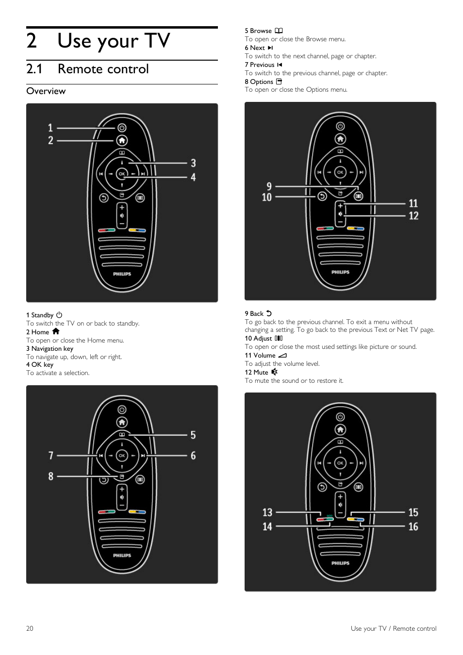 Use your tv, Remote control | Philips 42PFL6805H User Manual | Page 20 / 78