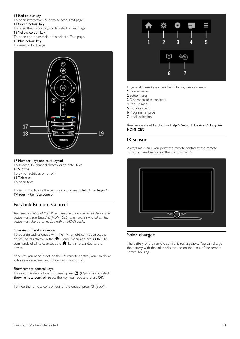 Easylink remote control, Ir sensor, Solar charger | Philips 42PFL6805H User Manual | Page 21 / 78