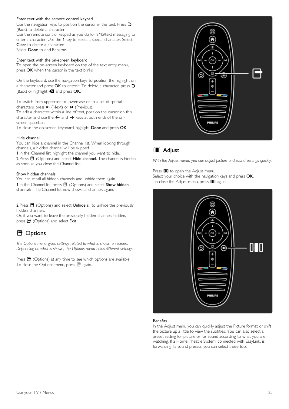 O options, S adjust | Philips 42PFL6805H User Manual | Page 25 / 78