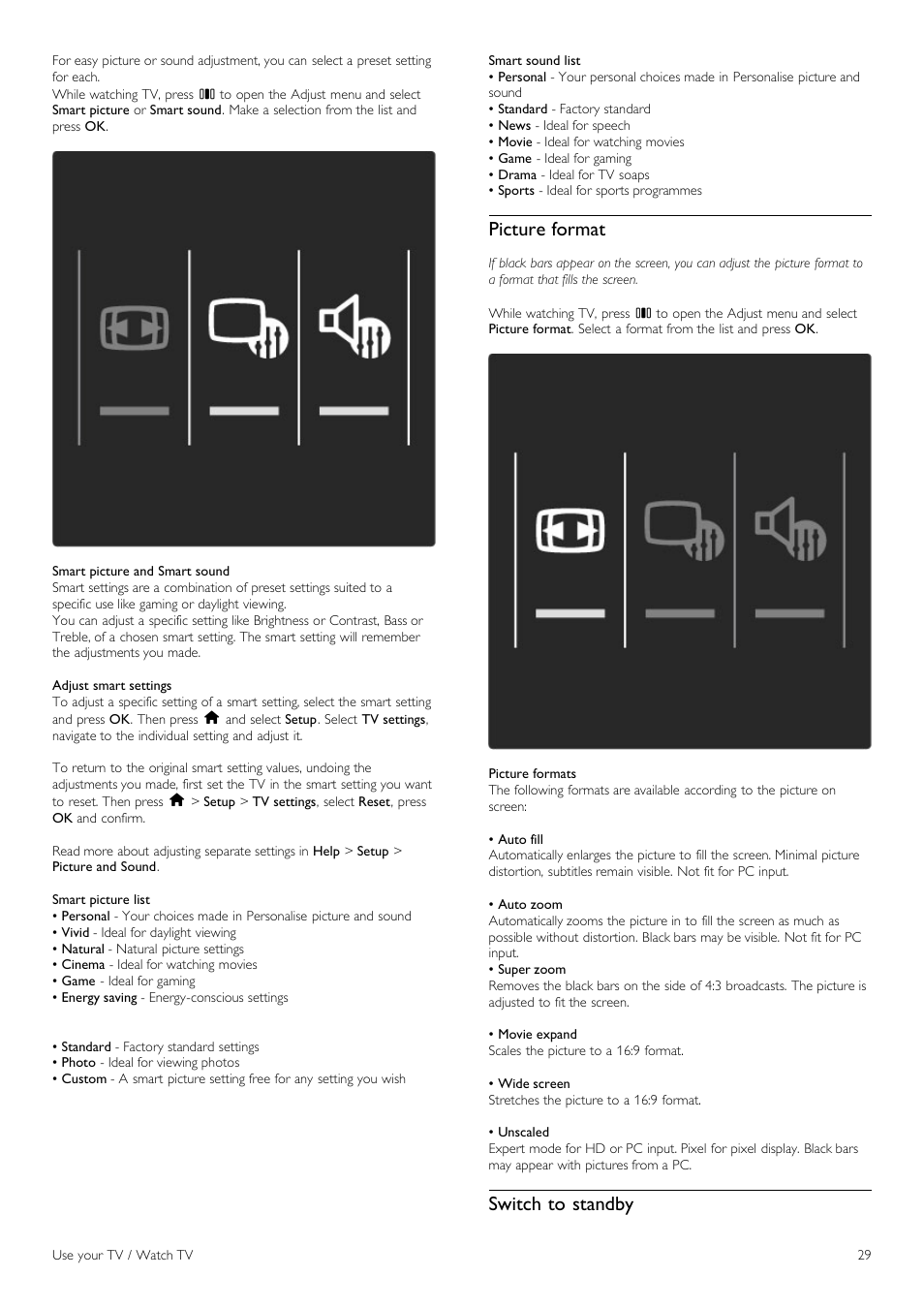 Picture format, Switch to standby | Philips 42PFL6805H User Manual | Page 29 / 78