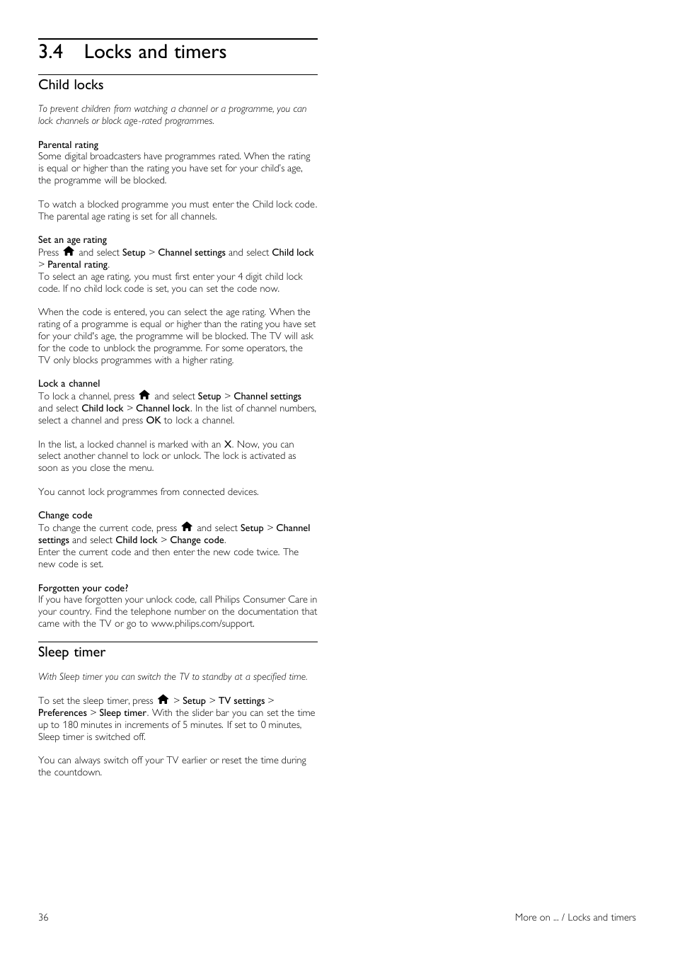 Locks and timers, 4 locks and timers, Child locks | Sleep timer | Philips 42PFL6805H User Manual | Page 36 / 78