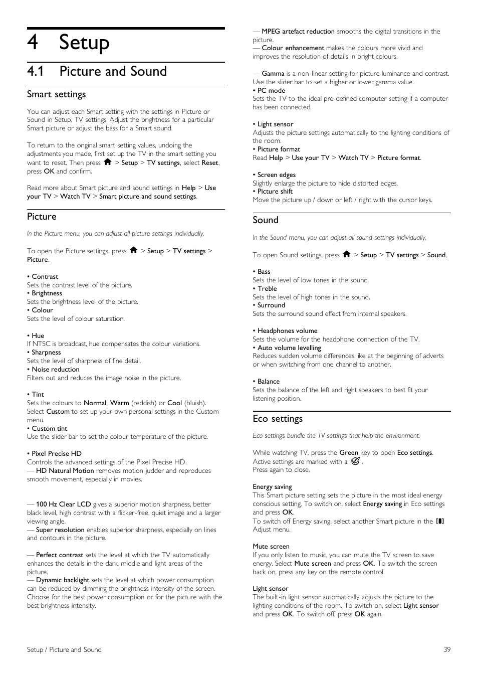 Setup, Picture and sound, Smart settings | Picture, Sound, Eco settings | Philips 42PFL6805H User Manual | Page 39 / 78