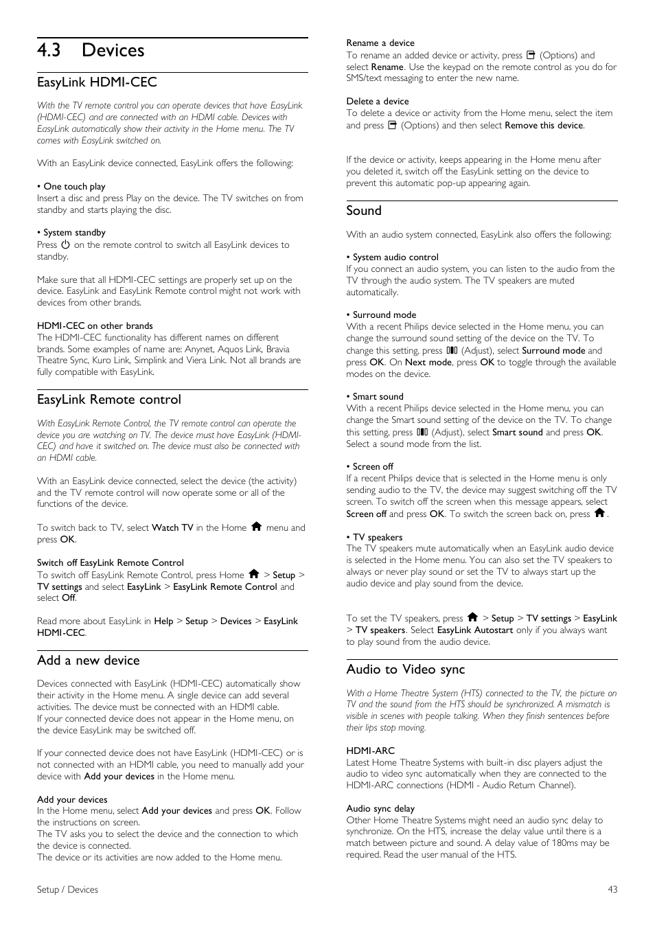 Devices, 3 devices, Easylink hdmi-cec | Easylink remote control, Add a new device, Sound, Audio to video sync | Philips 42PFL6805H User Manual | Page 43 / 78