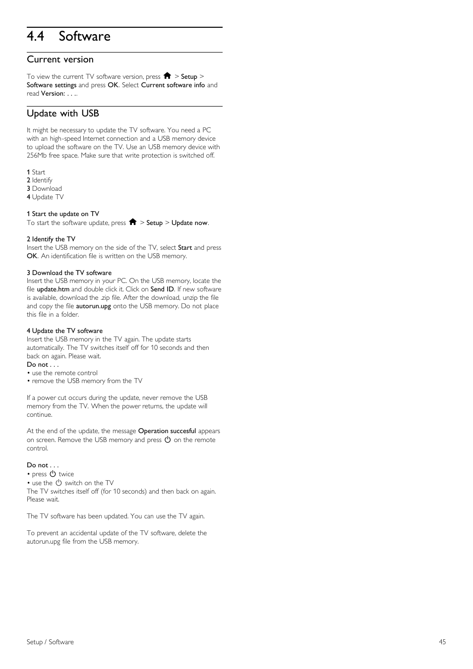 Software, 4 software, Current version | Update with usb | Philips 42PFL6805H User Manual | Page 45 / 78