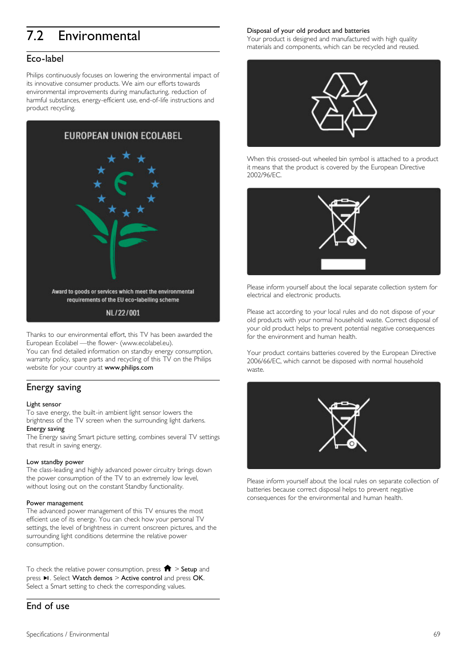 Environmental, 2 environmental, Eco-label | Energy saving, End of use | Philips 42PFL6805H User Manual | Page 69 / 78