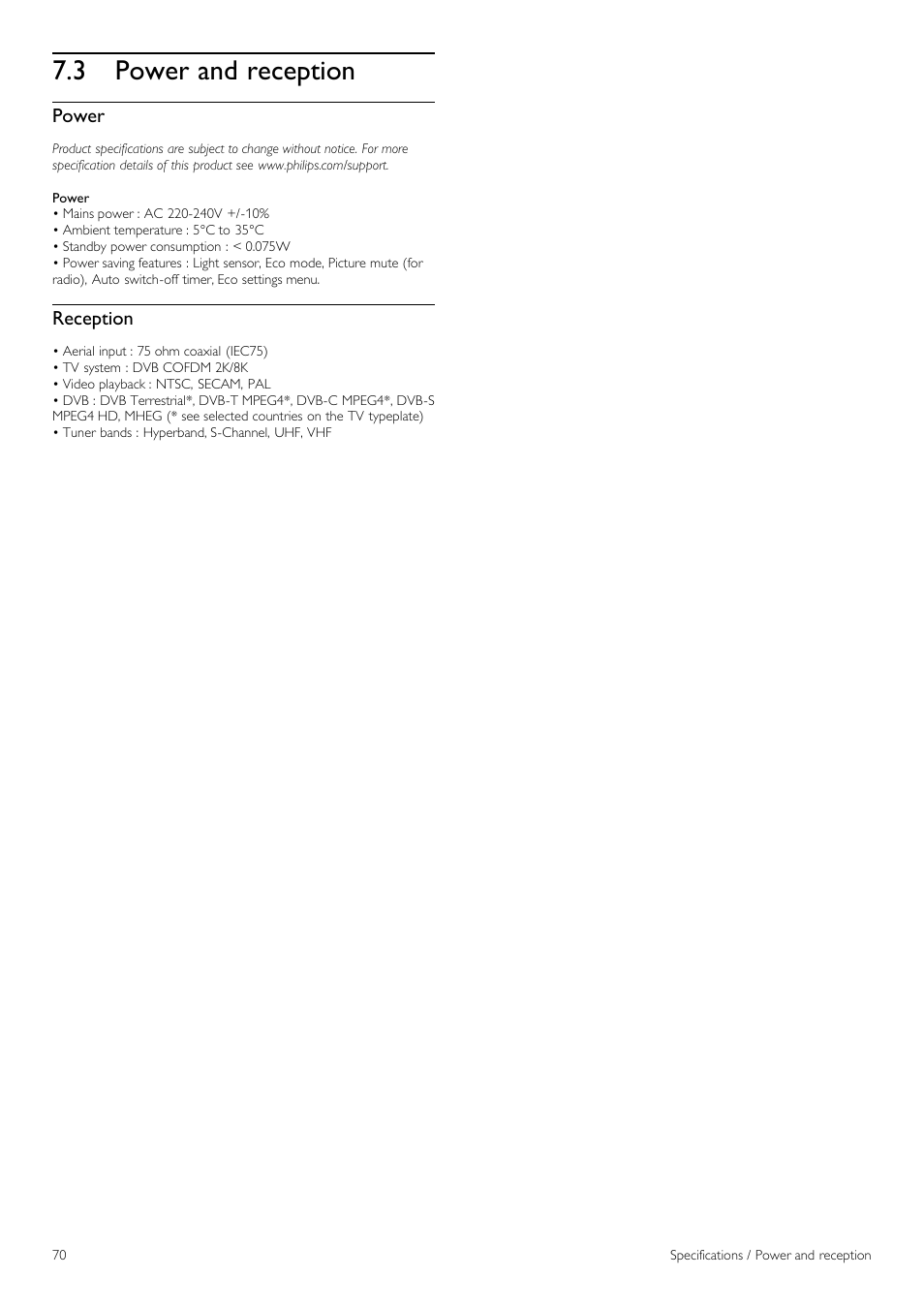 Power and reception, 3 power and reception | Philips 42PFL6805H User Manual | Page 70 / 78