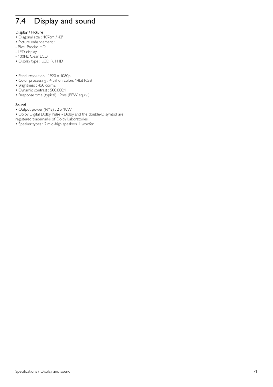 Display and sound, 4 display and sound | Philips 42PFL6805H User Manual | Page 71 / 78