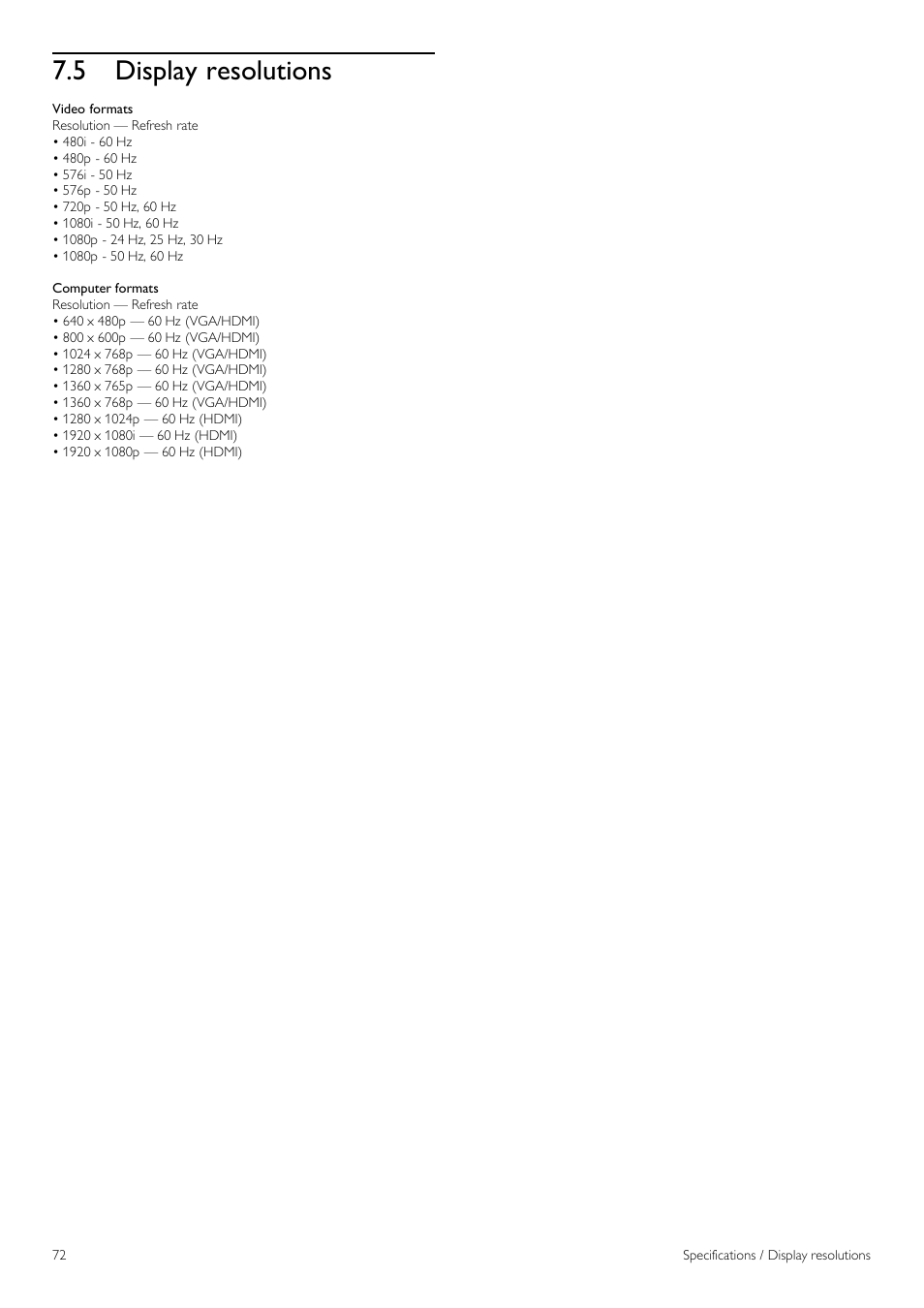 Display resolutions, 5 display resolutions | Philips 42PFL6805H User Manual | Page 72 / 78