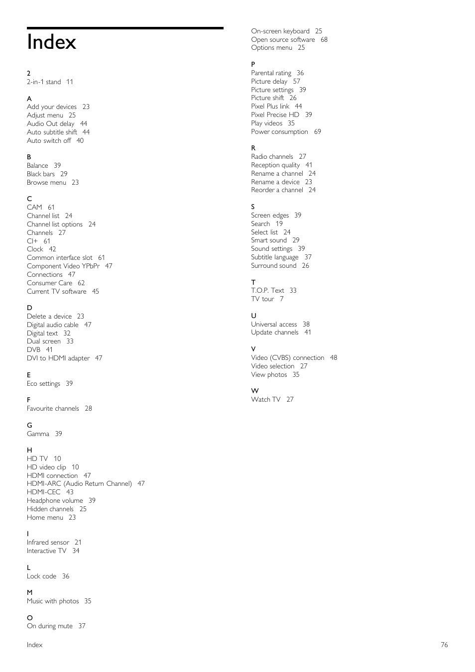 Index | Philips 42PFL6805H User Manual | Page 76 / 78