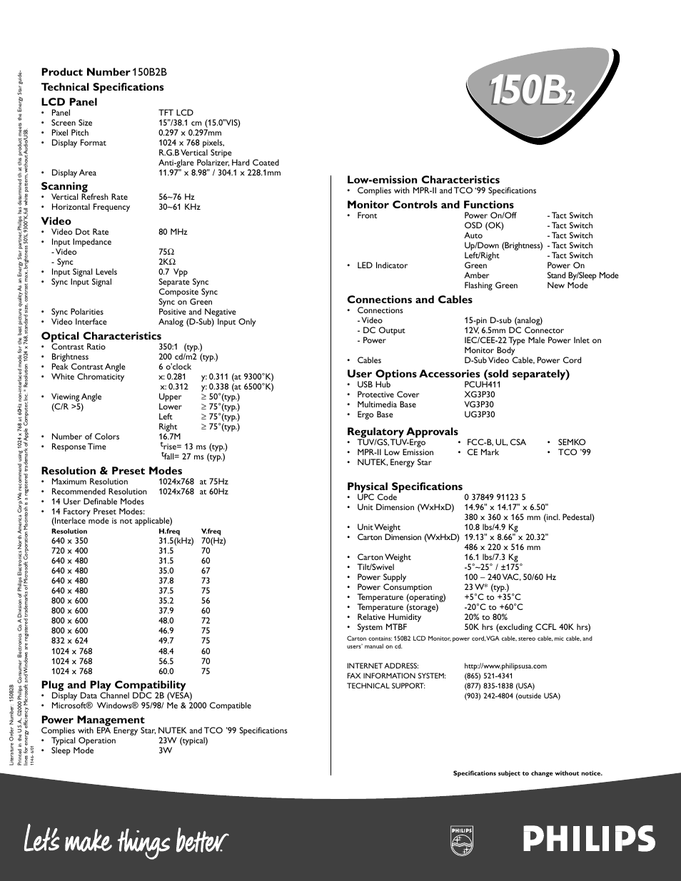 150b, Scanning, Video | Optical characteristics, Resolution & preset modes, Plug and play compatibility, Power management, Low-emission characteristics, Monitor controls and functions, Connections and cables | Philips 150B2 User Manual | Page 2 / 2