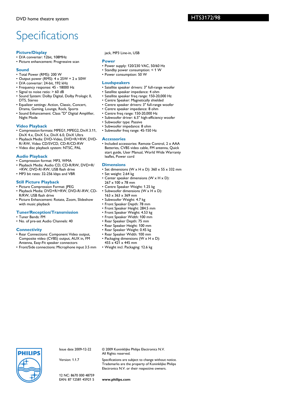 Specifications | Philips HTS3172 User Manual | Page 3 / 3