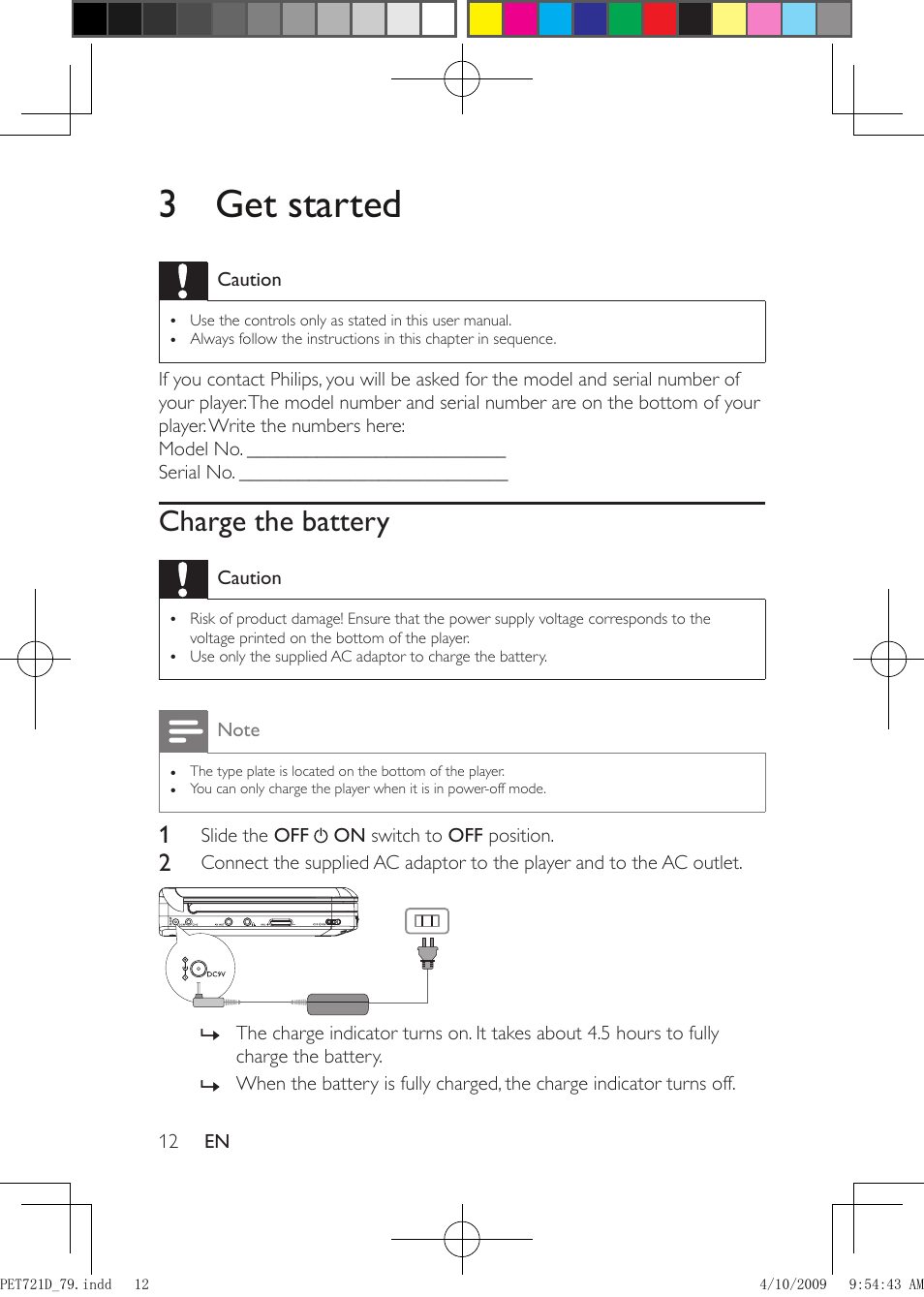 3 get started, Charge the battery | Philips PET721D/79 User Manual | Page 11 / 21