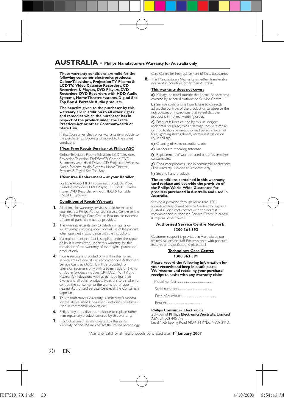 Australia | Philips PET721D/79 User Manual | Page 19 / 21