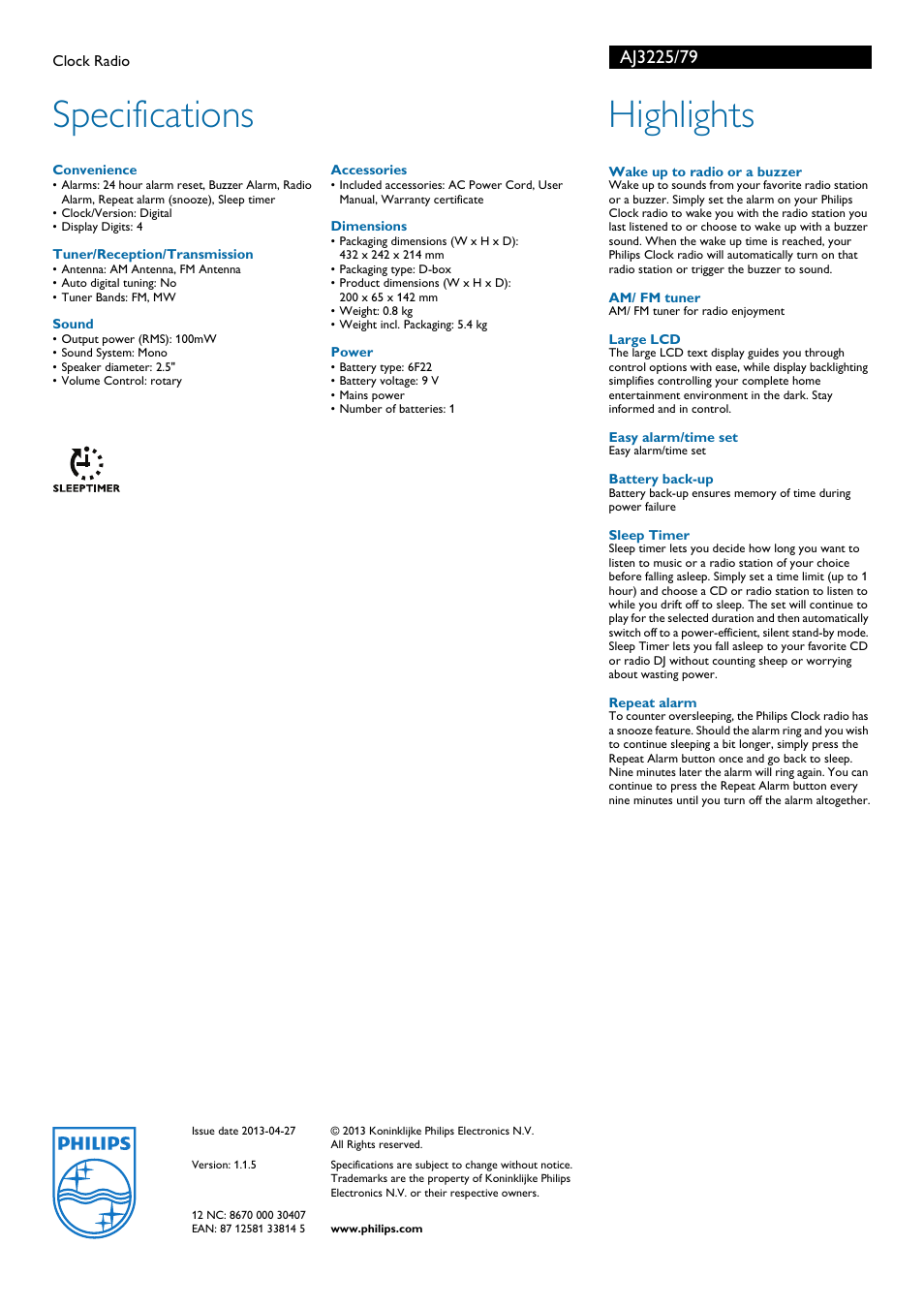 Specifications, Highlights | Philips AJ3225/79 User Manual | Page 2 / 2