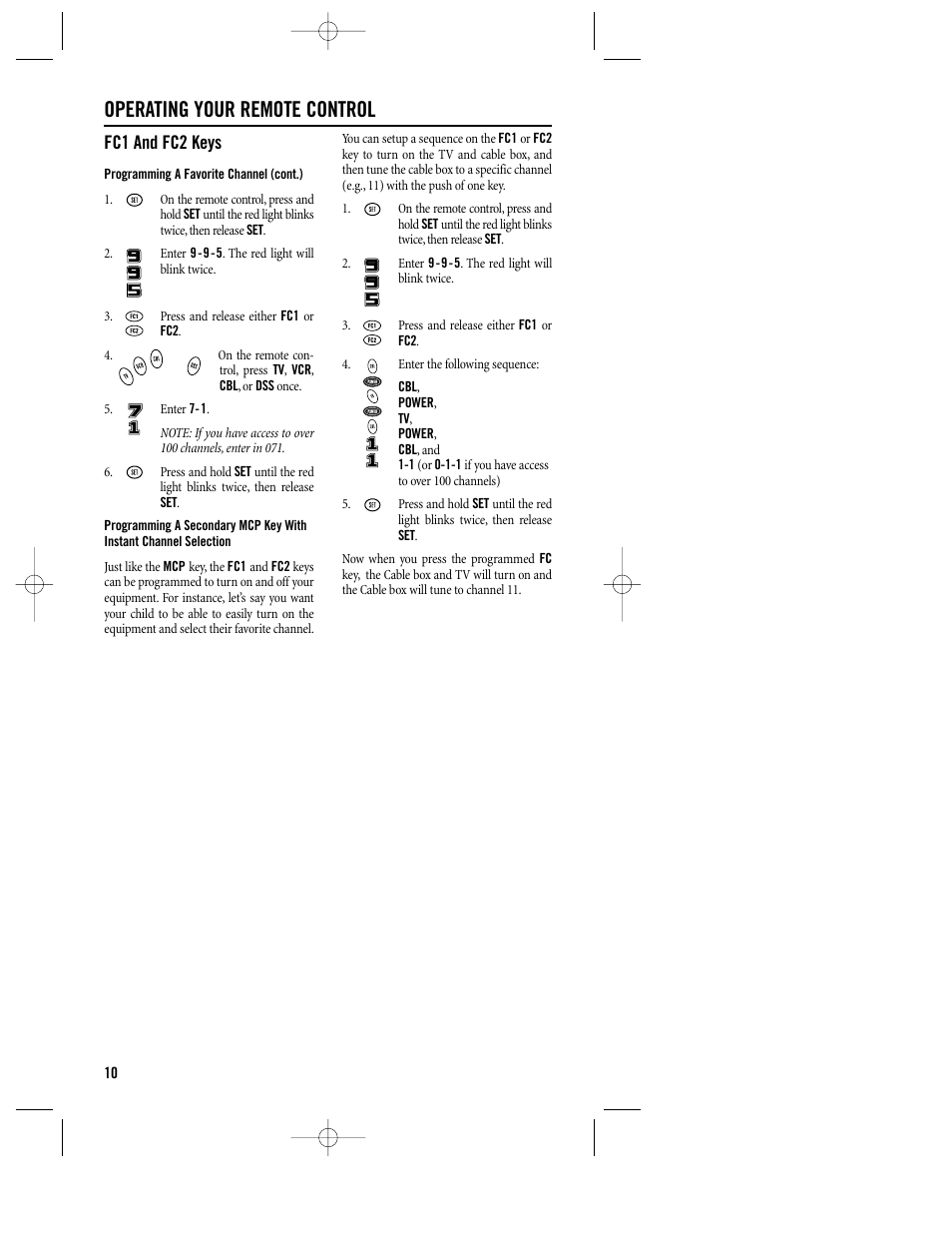 Operating your remote control, Fc1 and fc2 keys | Philips REM400 User Manual | Page 10 / 19