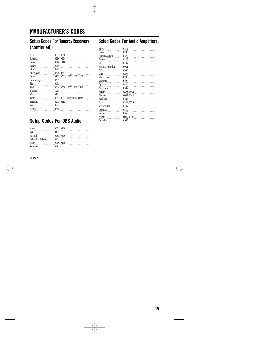 Manufacturer’s codes, Setup codes for tuners/receivers (continued), Setup codes for dbs audio | Setup codes for audio amplifiers | Philips REM400 User Manual | Page 19 / 19
