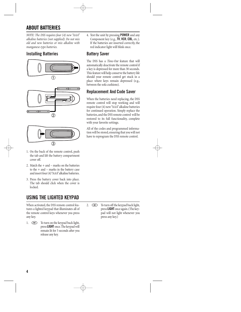 About batteries, 12 3 using the lighted keypad | Philips REM400 User Manual | Page 4 / 19