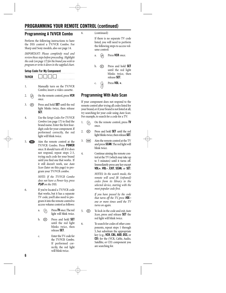 Programming your remote control (continued), Programming a tv/vcr combo, Programming with auto scan | Philips REM400 User Manual | Page 6 / 19