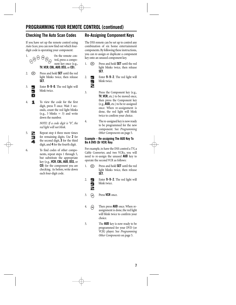 Programming your remote control (continued), Checking the auto scan codes, Re-assigning component keys | Philips REM400 User Manual | Page 7 / 19