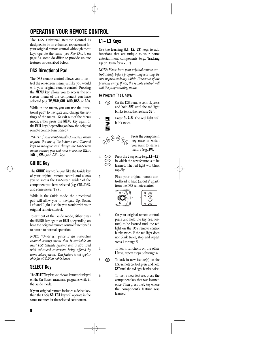 Operating your remote control, Dss directional pad, Guide key | Select key, L1~l3 keys | Philips REM400 User Manual | Page 8 / 19