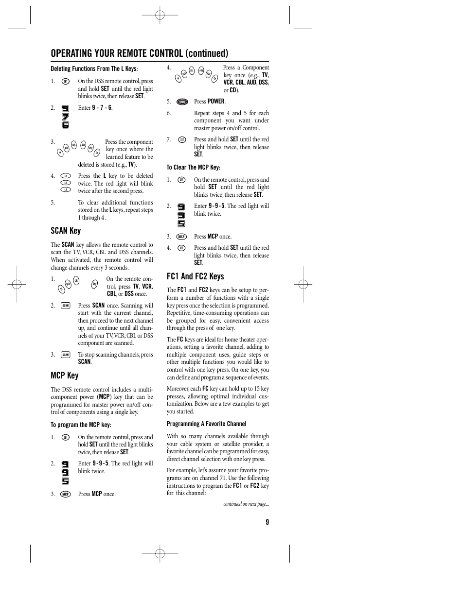 Operating your remote control (continued), Scan key, Mcp key | Fc1 and fc2 keys | Philips REM400 User Manual | Page 9 / 19