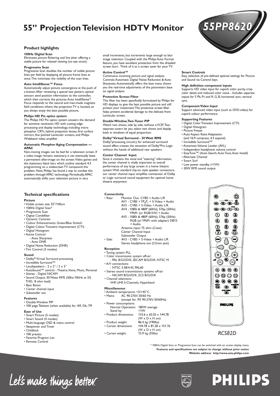 55” projection television hdtv monitor, Rcs82d | Philips 55PP8620 User Manual | Page 2 / 2