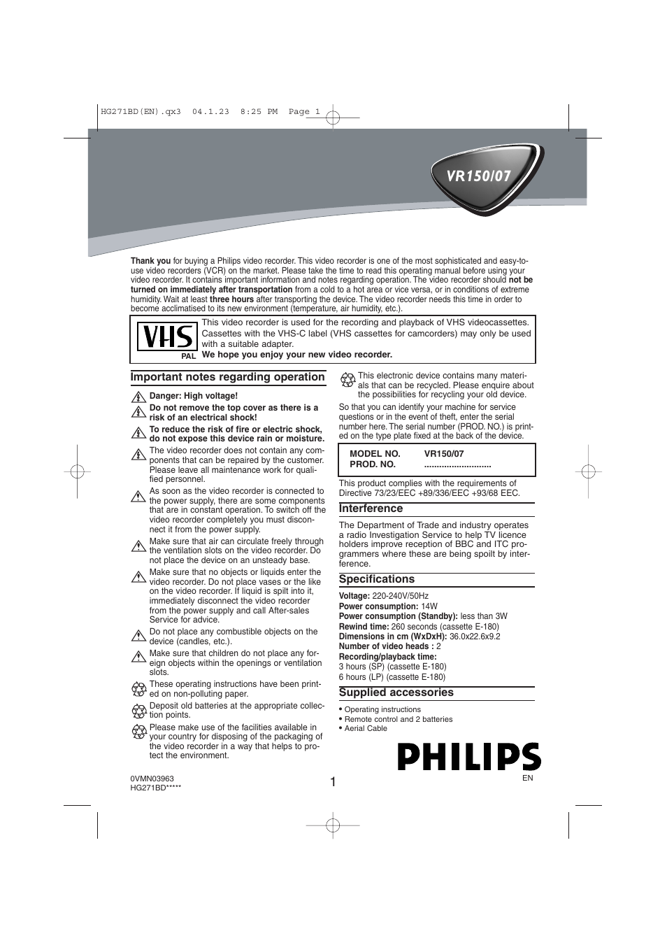 Philips VR150/07 User Manual | 16 pages