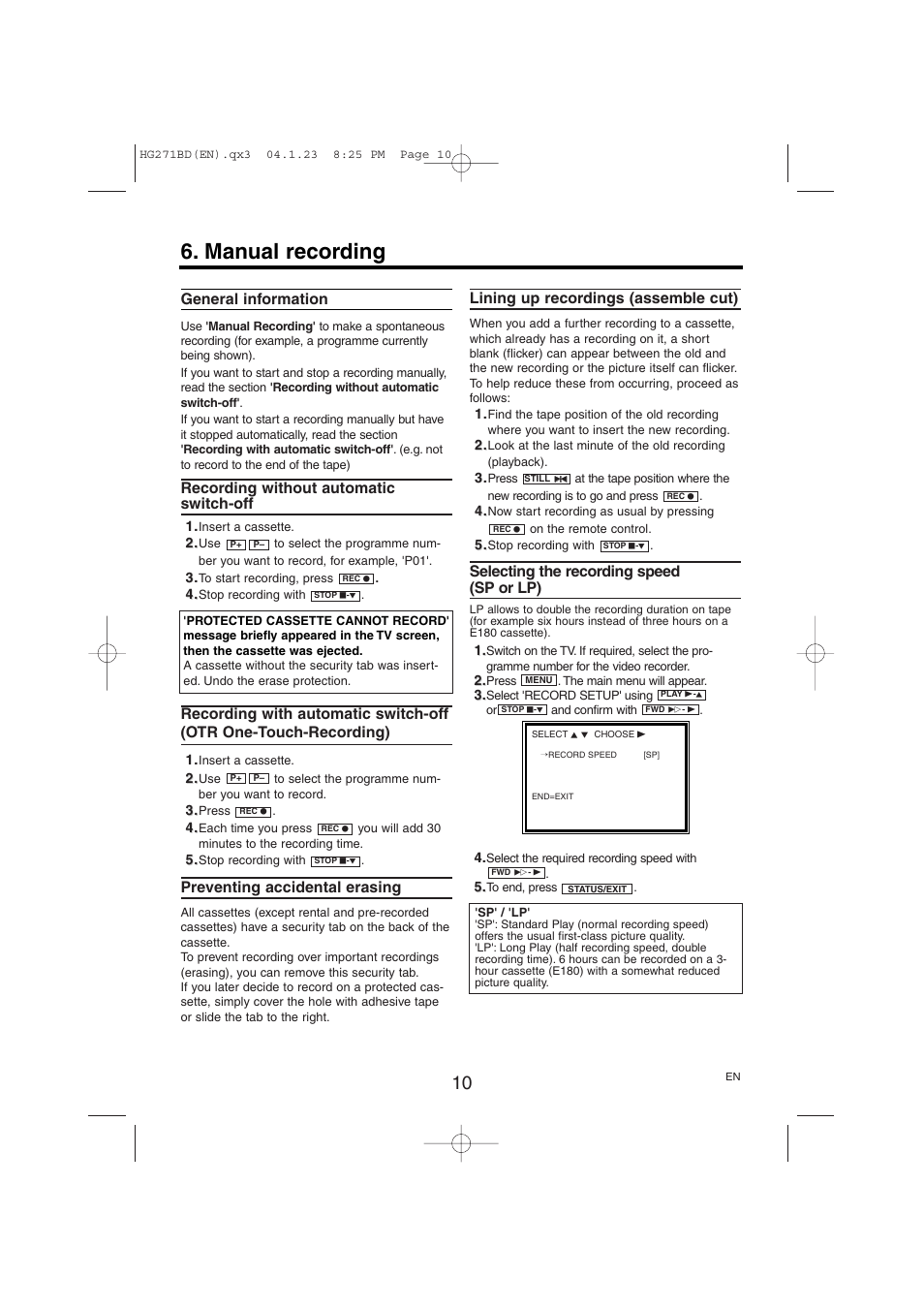 Manual recording, General information, Recording without automatic switch-off | Preventing accidental erasing, Lining up recordings (assemble cut), Selecting the recording speed (sp or lp) | Philips VR150/07 User Manual | Page 10 / 16