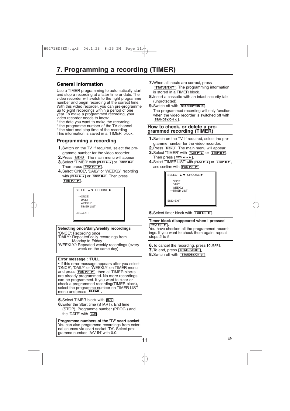 Programming a recording (timer), General information, Programming a recording | Philips VR150/07 User Manual | Page 11 / 16